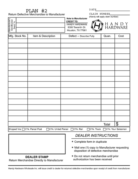 (image for) Forms Plan 2 Defective Mdse